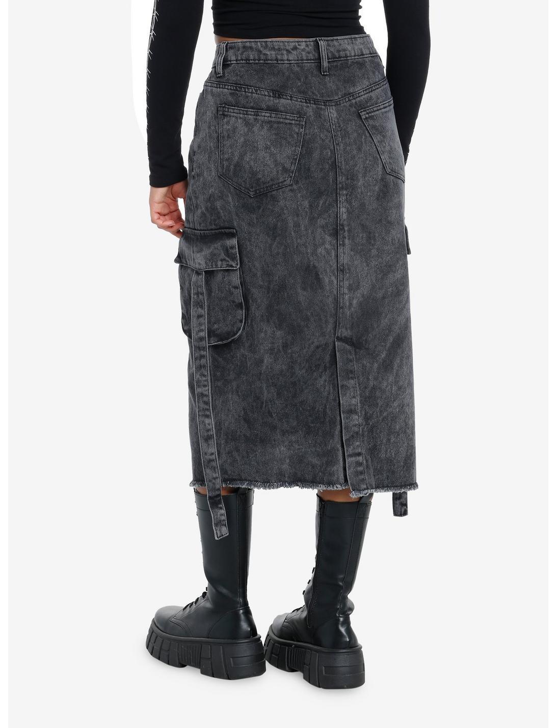 Black Acid Wash Cargo Denim Maxi Skirt Product Image