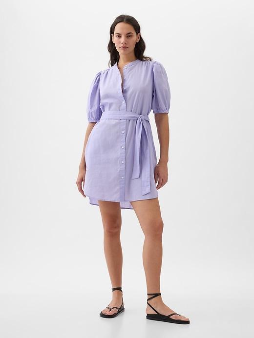 Linen-Cotton Puff-Sleeve Mini Shirtdress Product Image