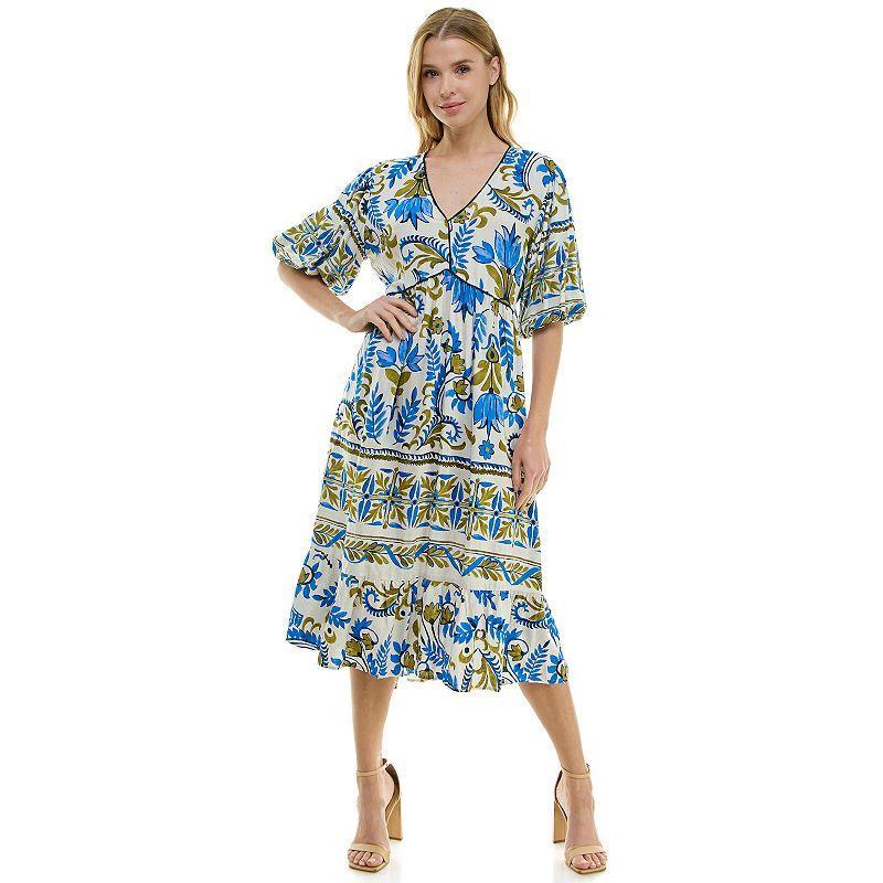 Womens Figueroa & Flower Printed V-Neck Puff Sleeve Midi Dress Product Image