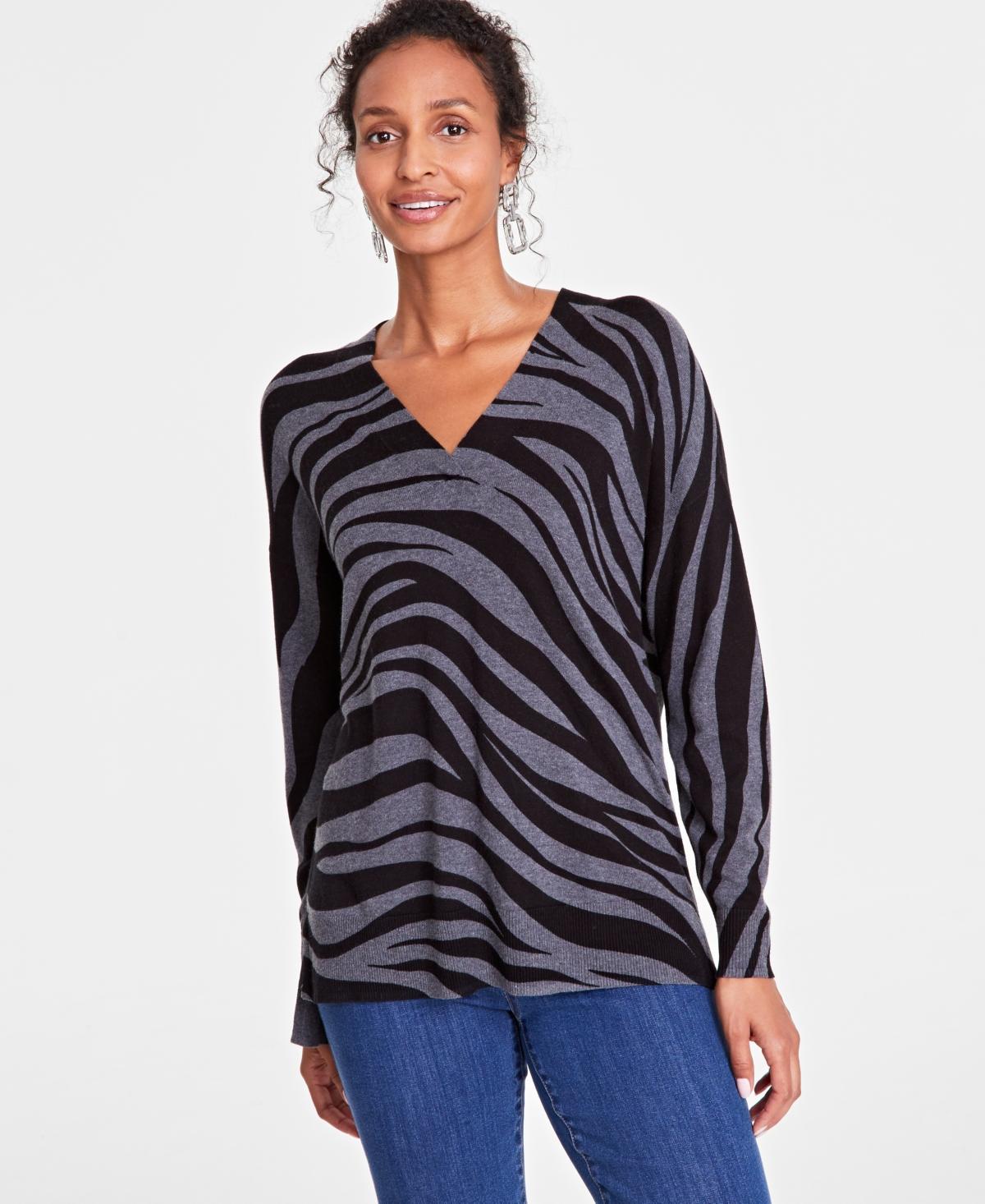 I.n.c. International Concepts Womens Zebra-Print V-Neck Sweater, Created for Macys Product Image