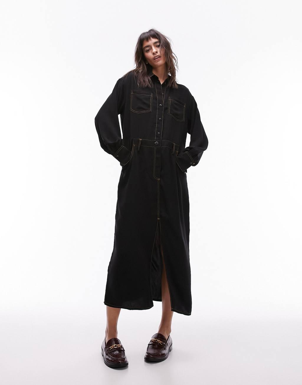 Topshop utility contrast top stitch shirt dress in black Product Image