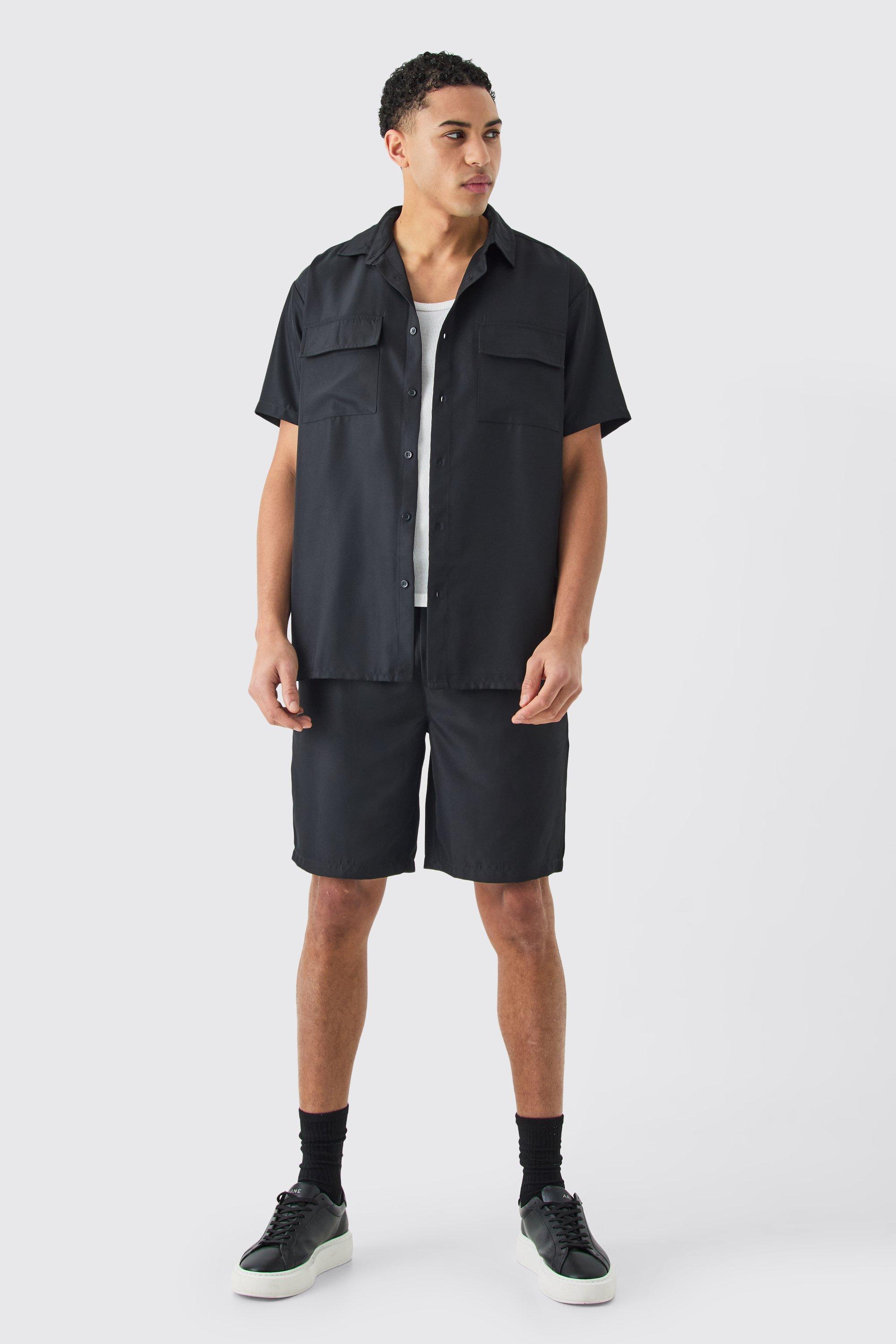 Mens Black Short Sleeve Soft Twill Overshirt And Short Set, Black Product Image