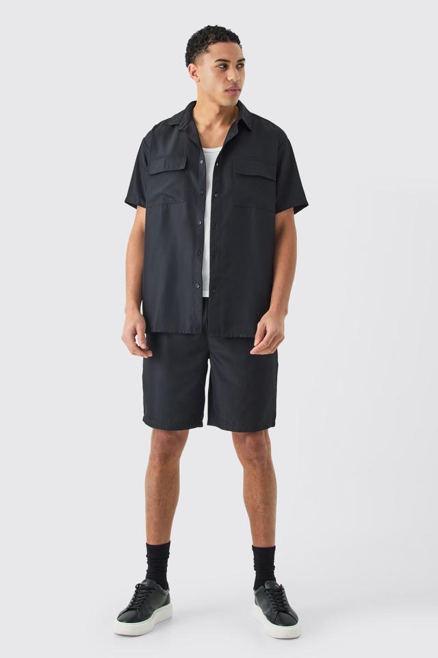 Short Sleeve Soft Twill Overshirt And Short Set | boohooMAN USA Product Image