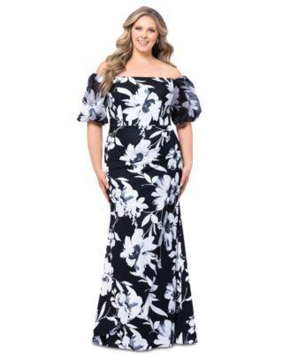 Plus Size Floral Balloon-Sleeve Off-The-Shoulder Gown Product Image