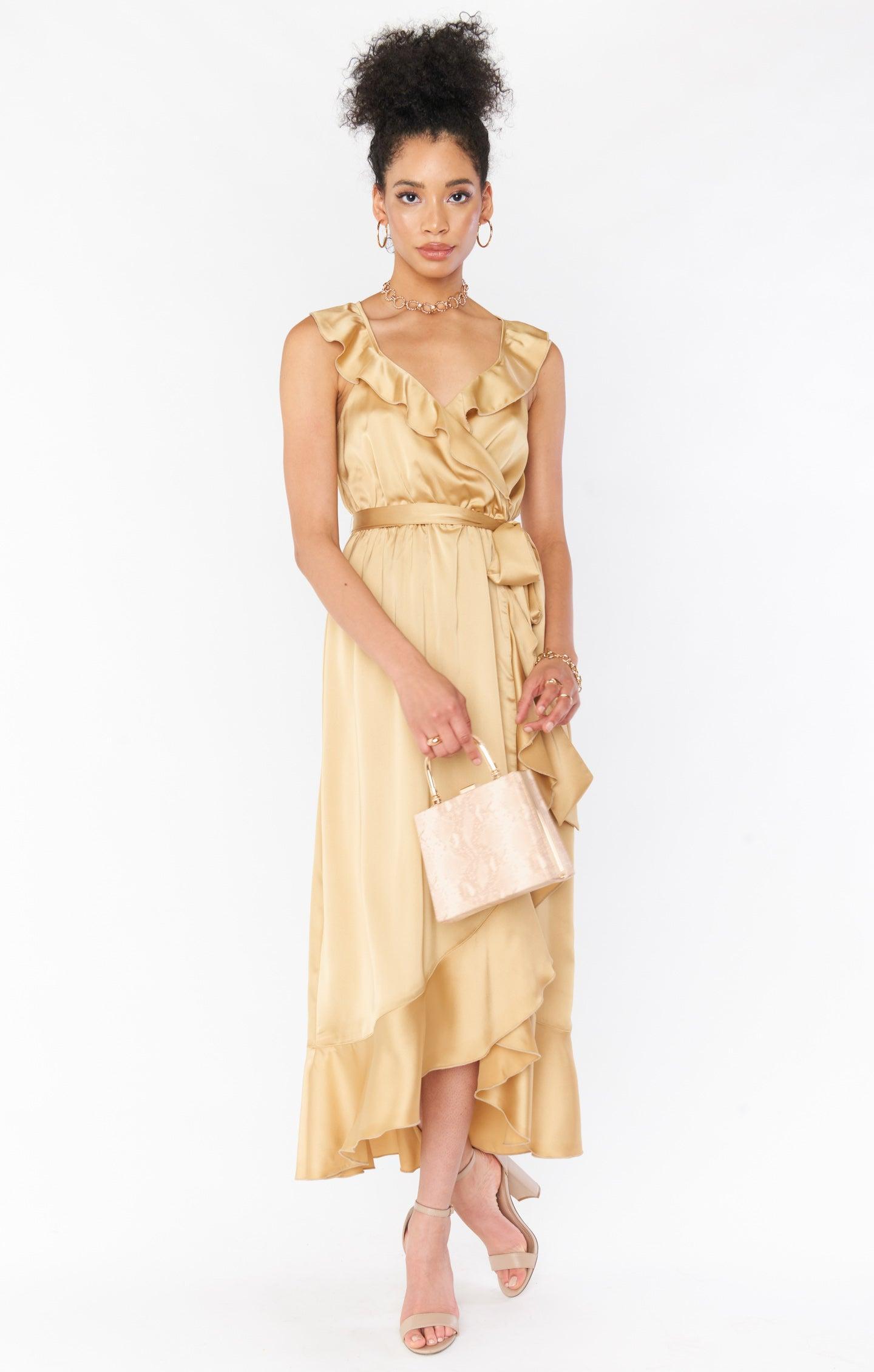 Samantha Ruffle Wrap Dress ~ True Gold Luxe Satin Product Image