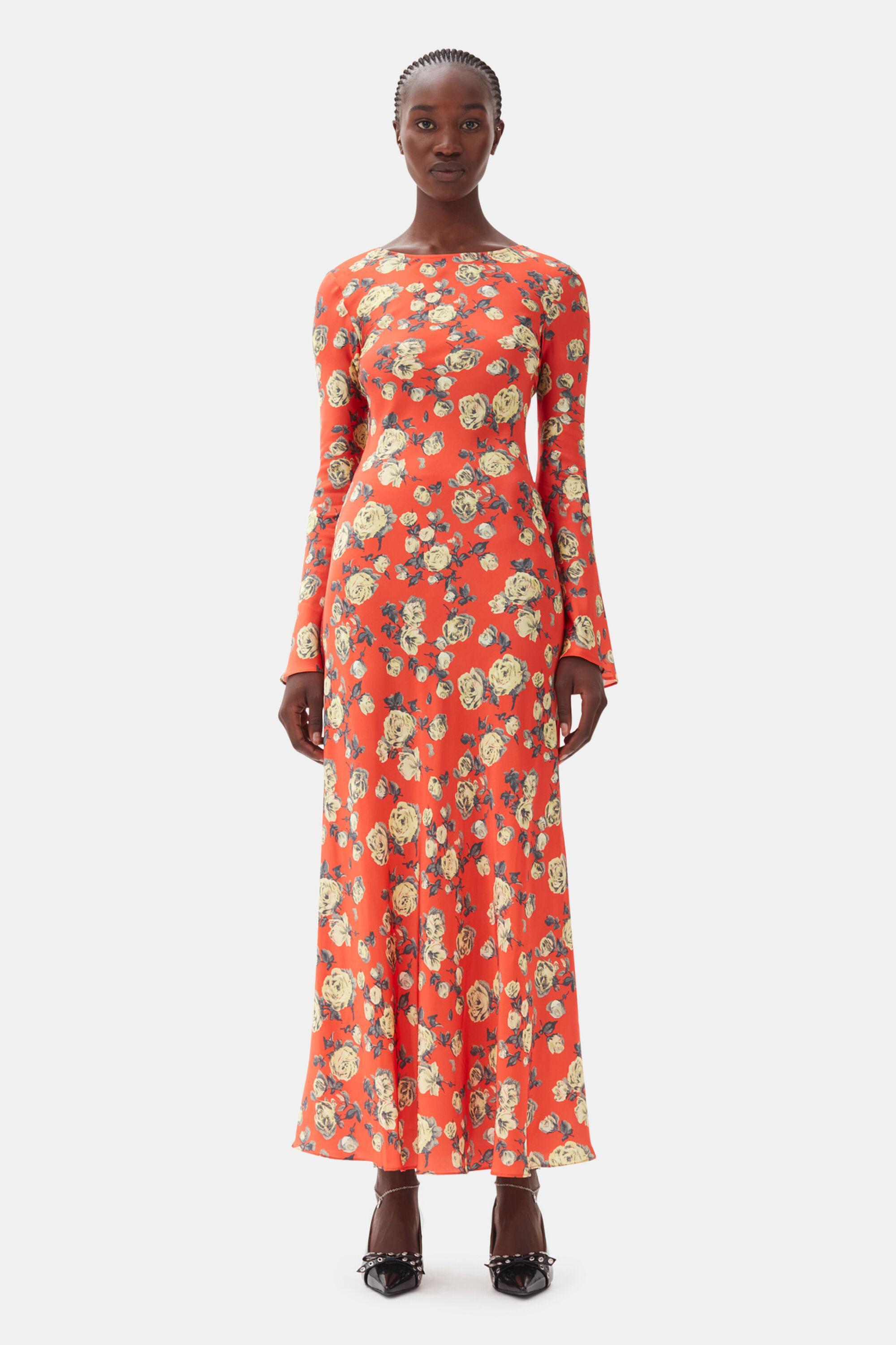 Orange Floral Printed Satin Maxi Dress Product Image