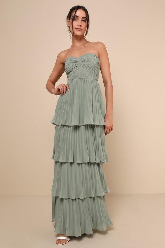 Seriously Sensational Sage Brush Strapless Tiered Maxi Dress Product Image