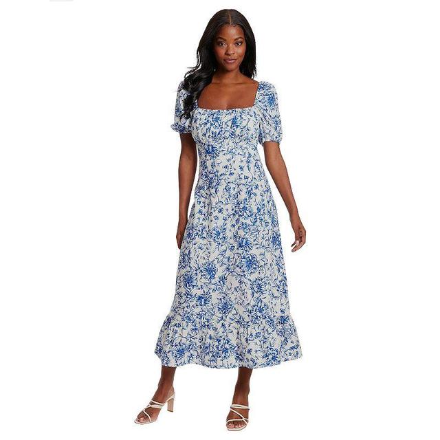 Womens London Times Floral Squareneck Puff Sleeve Empire Waist Midi Dress Product Image