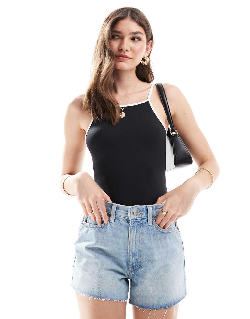 ASOS DESIGN cami bodysuit in black with white tipping Product Image