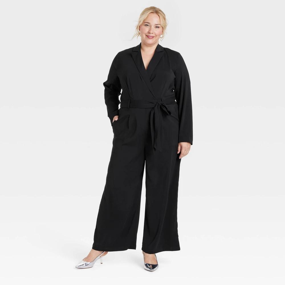 Womens Long Sleeve Wrap Front Jumpsuit - A New Day Black Product Image