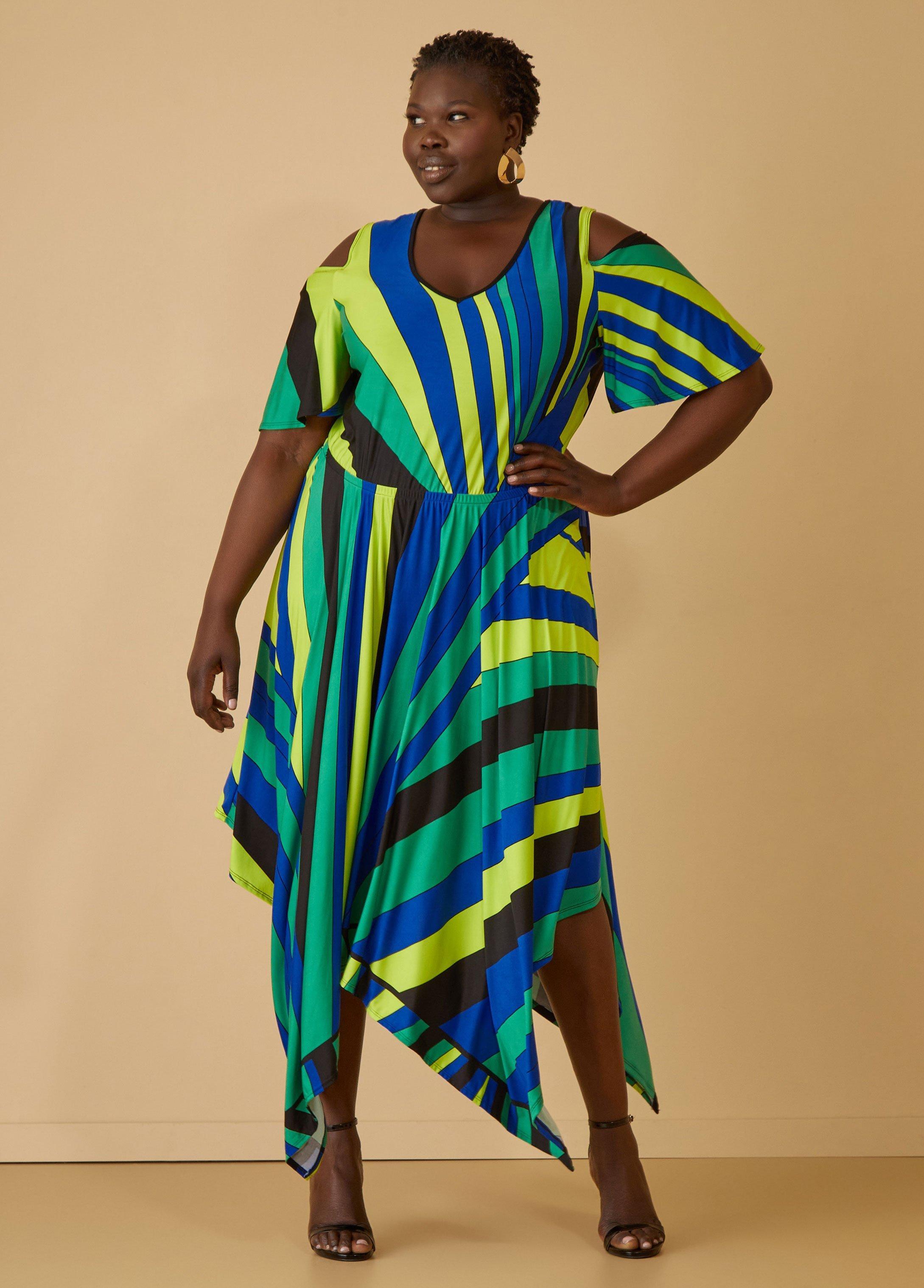 Plus Size Cold Shoulder Striped Maxi Dress, - Ashley Stewart Product Image