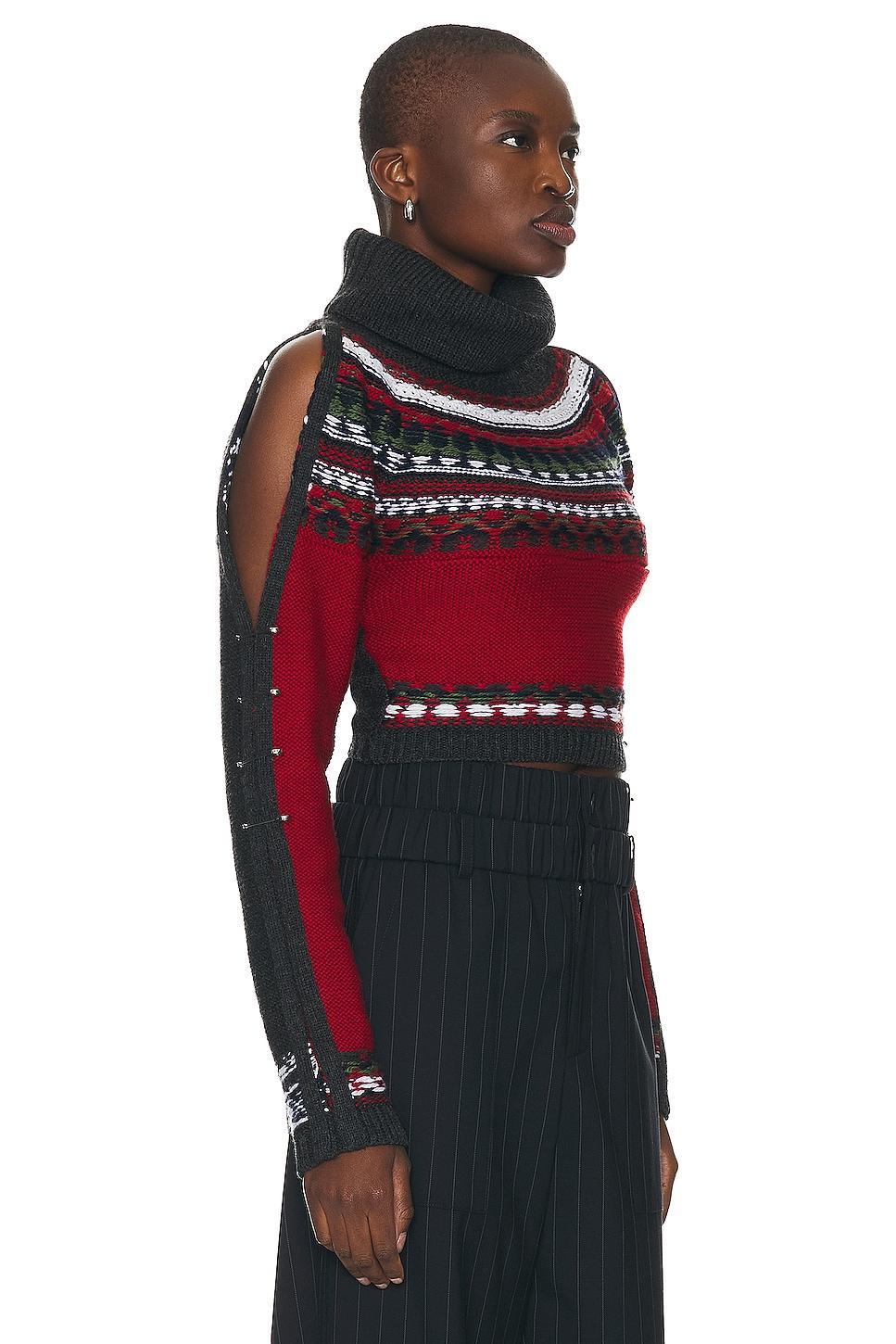 Monse Cropped Fairisle Slit Sleeve Turtleneck Sweater in Red & Charcoal - Red. Size S (also in ). Product Image