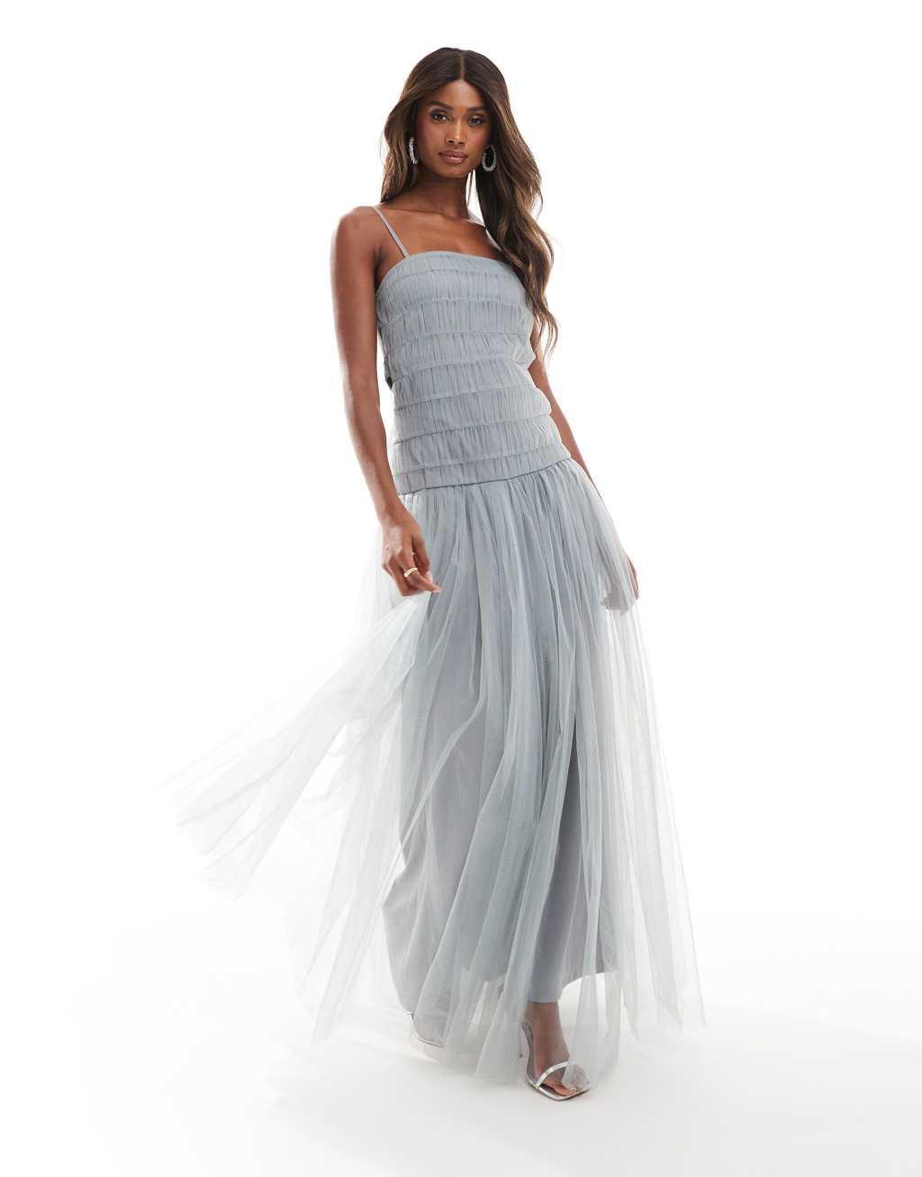 Lace & Beads drop waist tulle maxi dress in gray Product Image