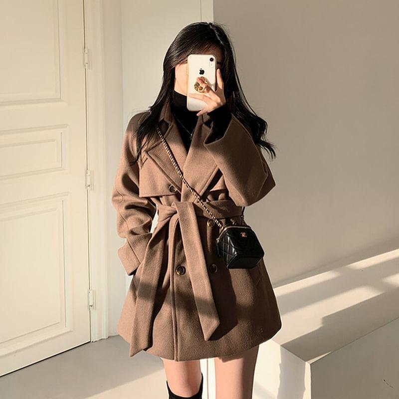 Collar Plain Sashed Double-Breasted Trench Coat product image