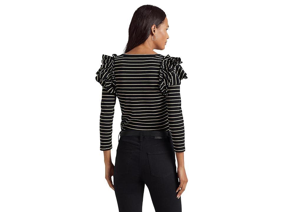 LAUREN Ralph Lauren Petite Metallic Striped Ruffle-Trim Knit Top (Polo /Gold) Women's Clothing Product Image