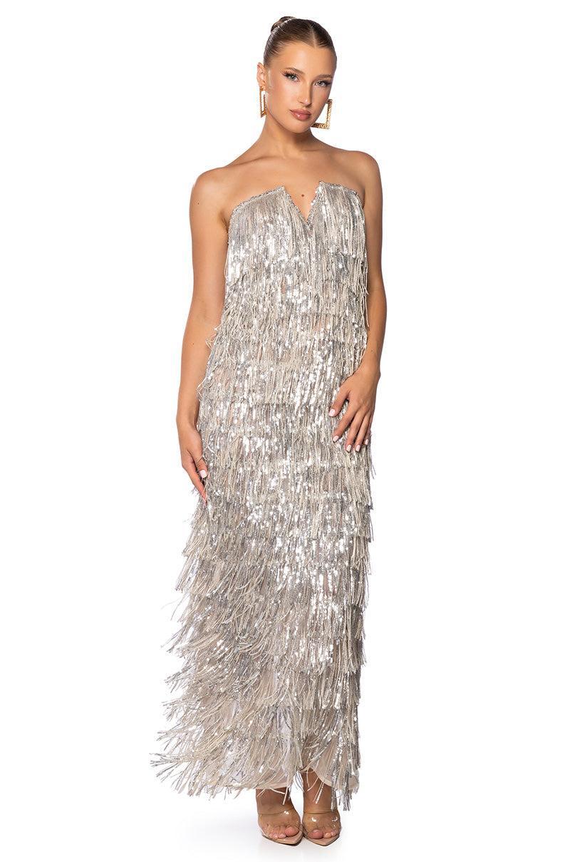 TOP OF THE WORLD STRAPLESS SEQUIN FRINGE MAXI DRESS IN SILVER MULTI product image