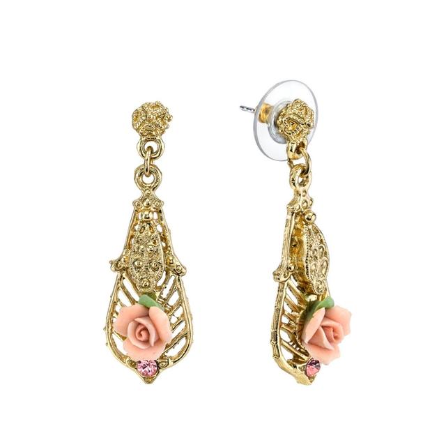 1928 Porcelain Rose Filigree Drop Earrings, Womens, Pink Product Image