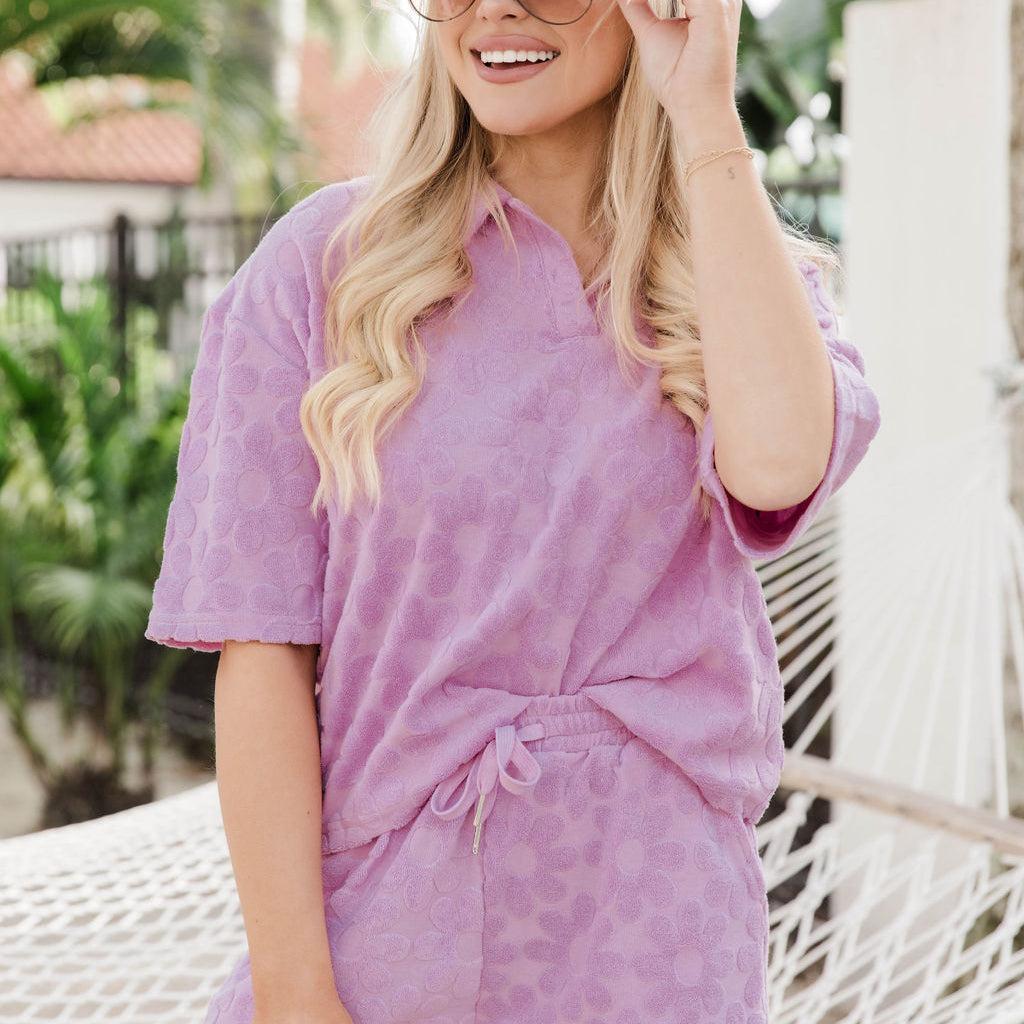 Can't Stay Away Purple Terry Daisy Printed Collared Tee FINAL SALE Product Image