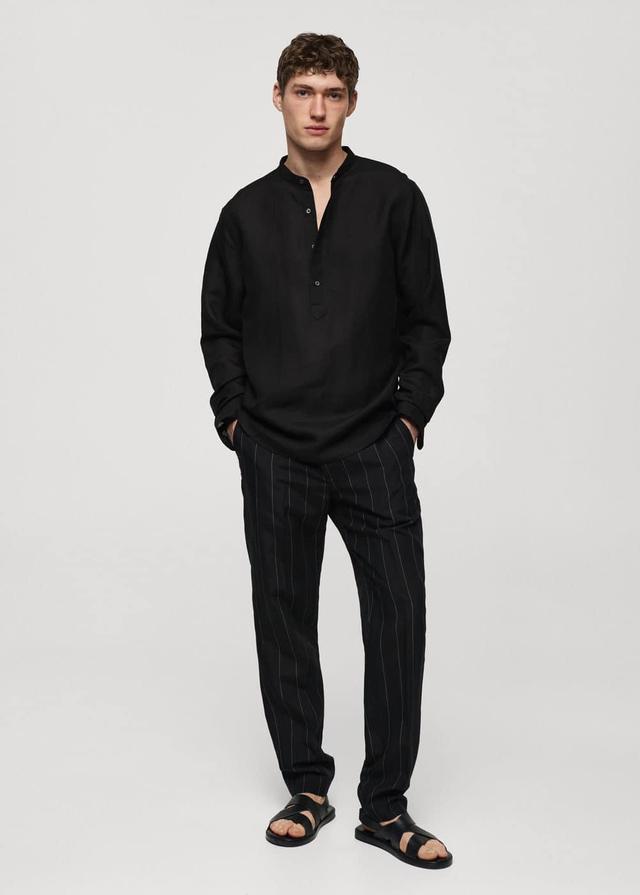 MANGO MAN - Regular-fit linen shirt with mao collar blackMen Product Image