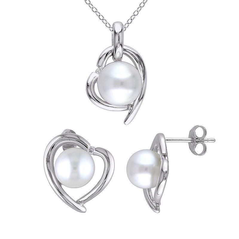 Stella Grace Freshwater Cultured Pearl & Diamond Accent Heart Necklace & Earring Set, Womens Sterling Product Image