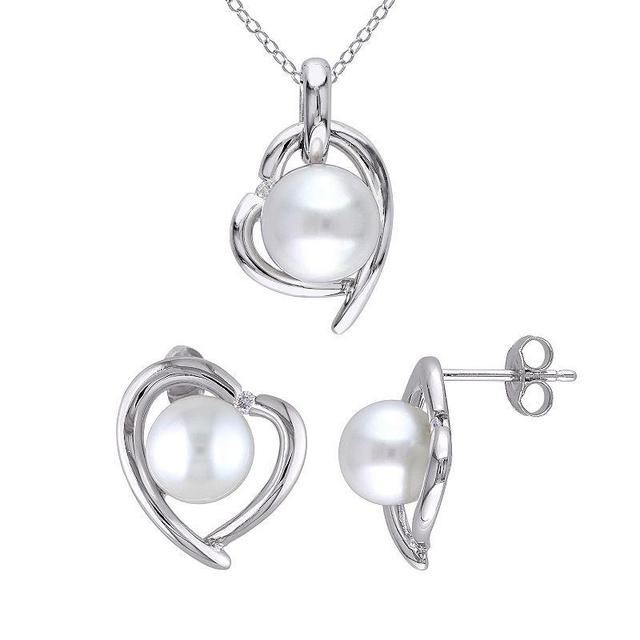 Stella Grace Freshwater Cultured Pearl & Diamond Accent Heart Necklace & Earring Set, Womens White Product Image