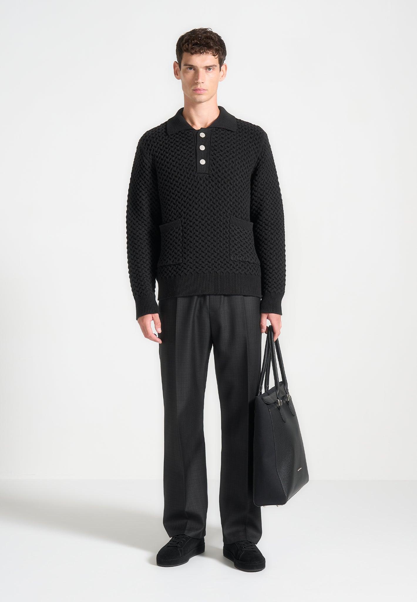 Waffle Knit Polo Jumper - Black Male Product Image