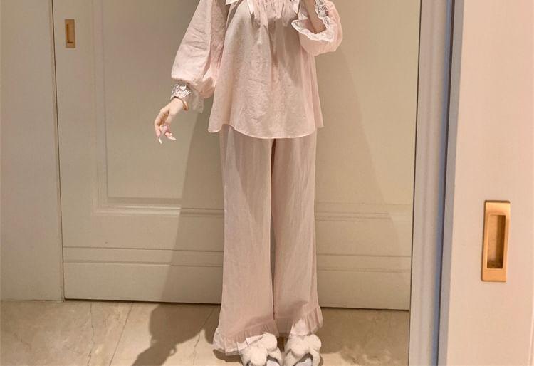 Pajama Set: Long-Sleeve Lace Ruffle Bow Shirt + Pants Product Image