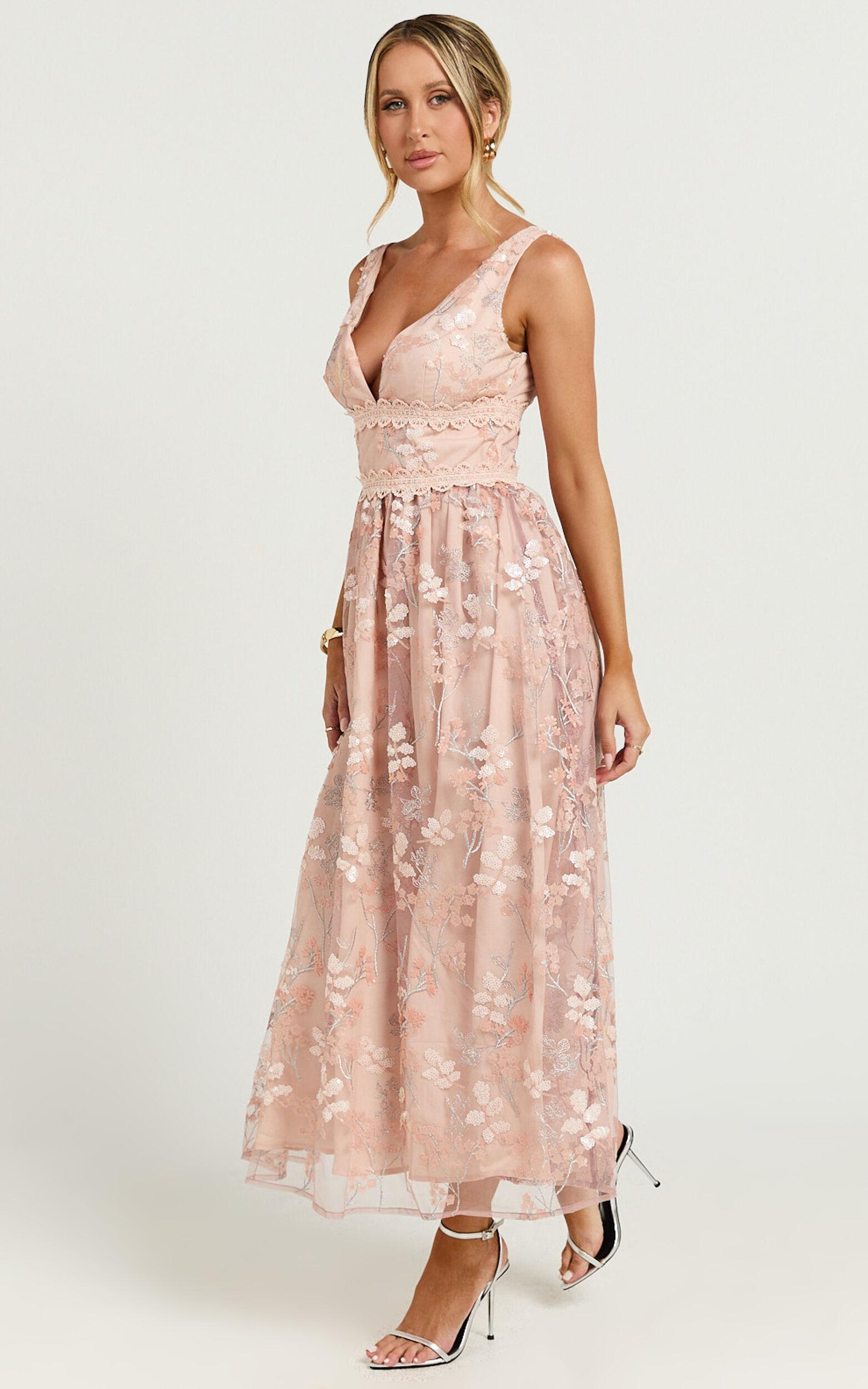 Seychelles Midi Dress - Plunge Embroidery 3d Floral Lace Dress in Light Pink Product Image