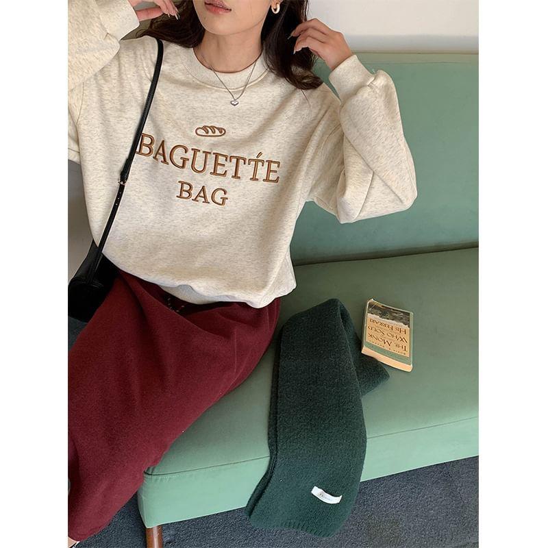 Round Neck Lettering Embroidered Fleece-Lined Sweatshirt Product Image