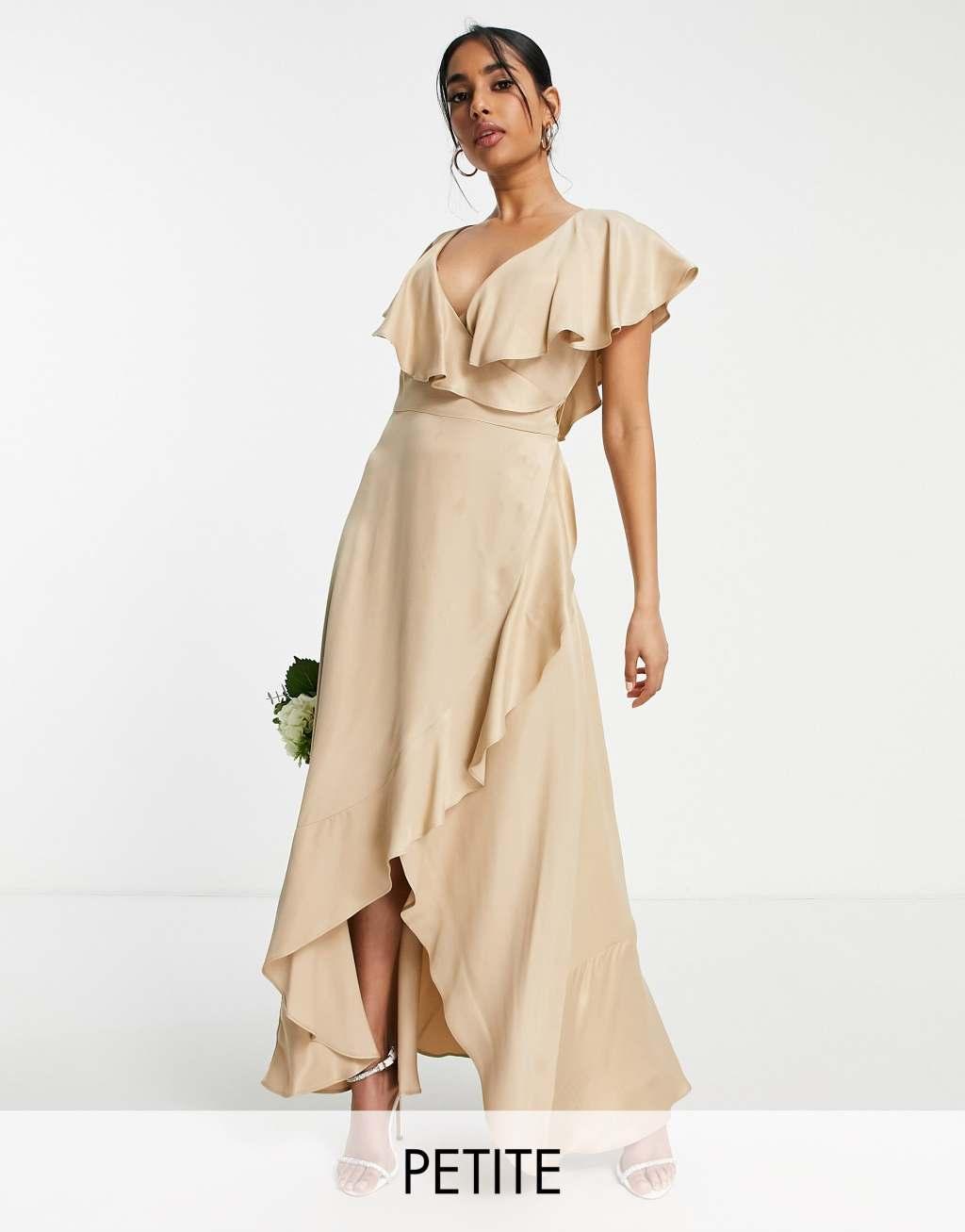 Topshop Petite bridesmaid satin frill wrap dress Product Image