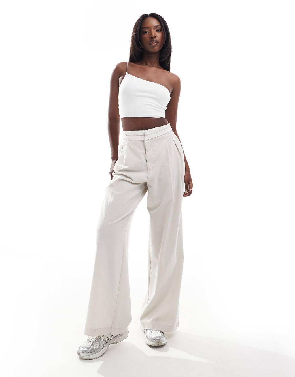 ASOS DESIGN asymmetric neck crop top with skinny strap in white Product Image