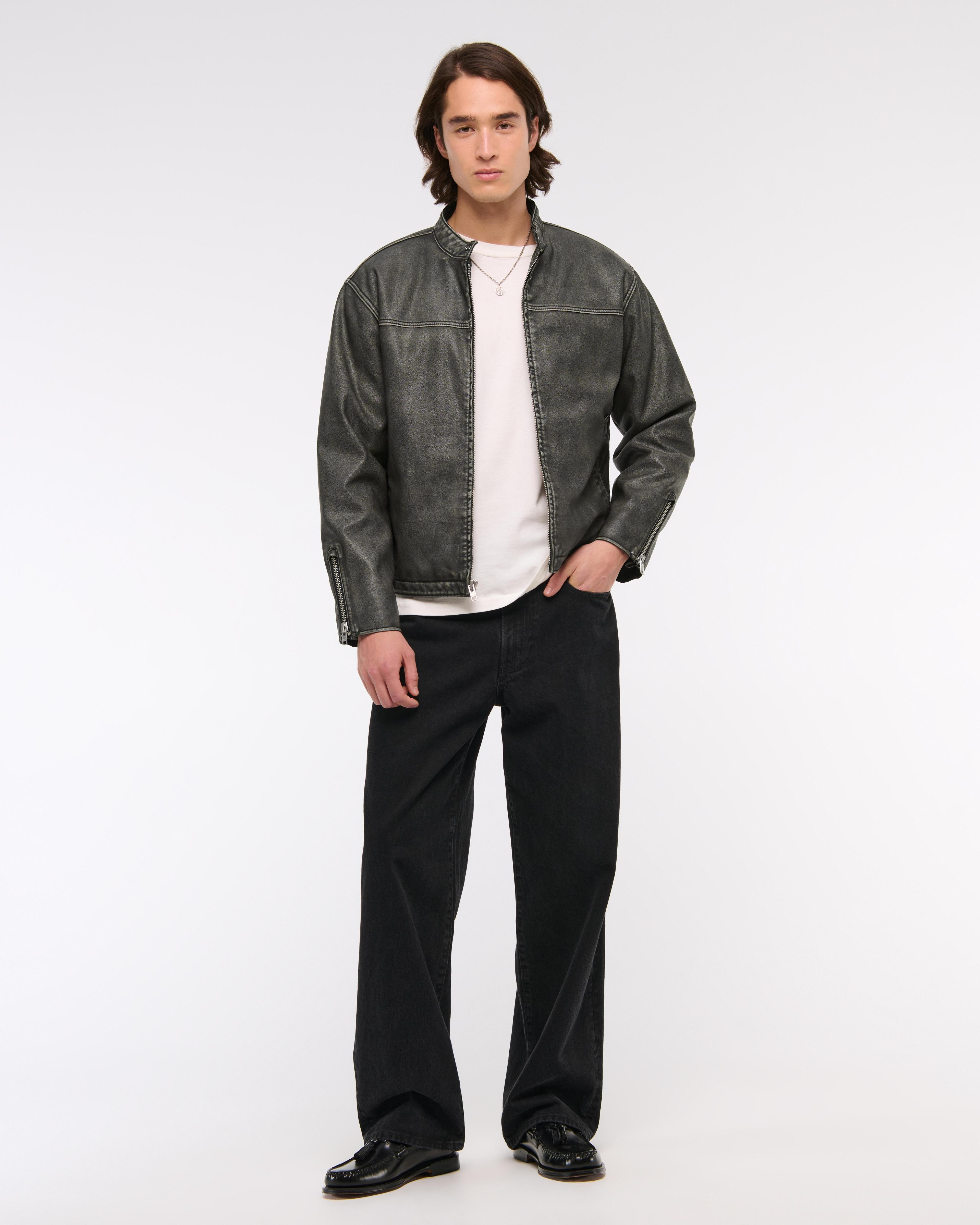 Cropped Vegan Leather Racer Jacket Product Image