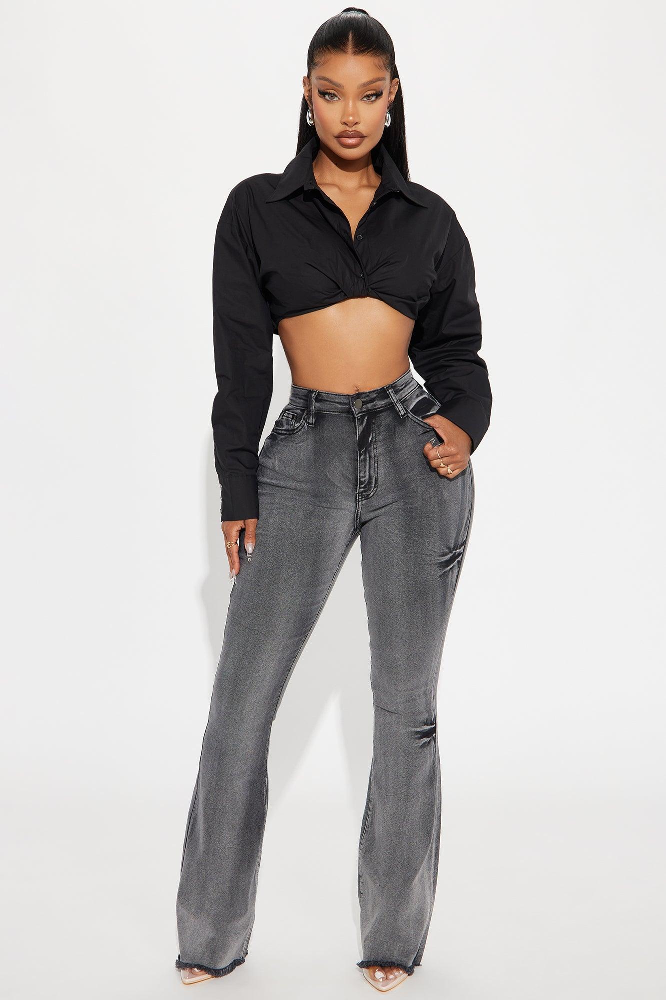 Brandi Cropped Poplin Blouse Top - Black Product Image