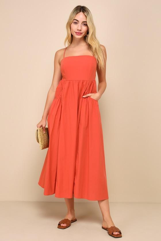 Effortless Getaway Red Orange Backless Midi Dress with Pockets Product Image