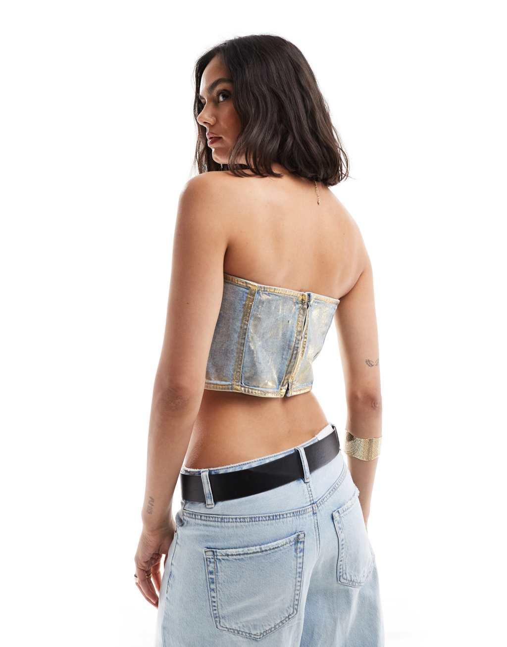 ASOS DESIGN denim bandeau top in metallic gold foil Product Image