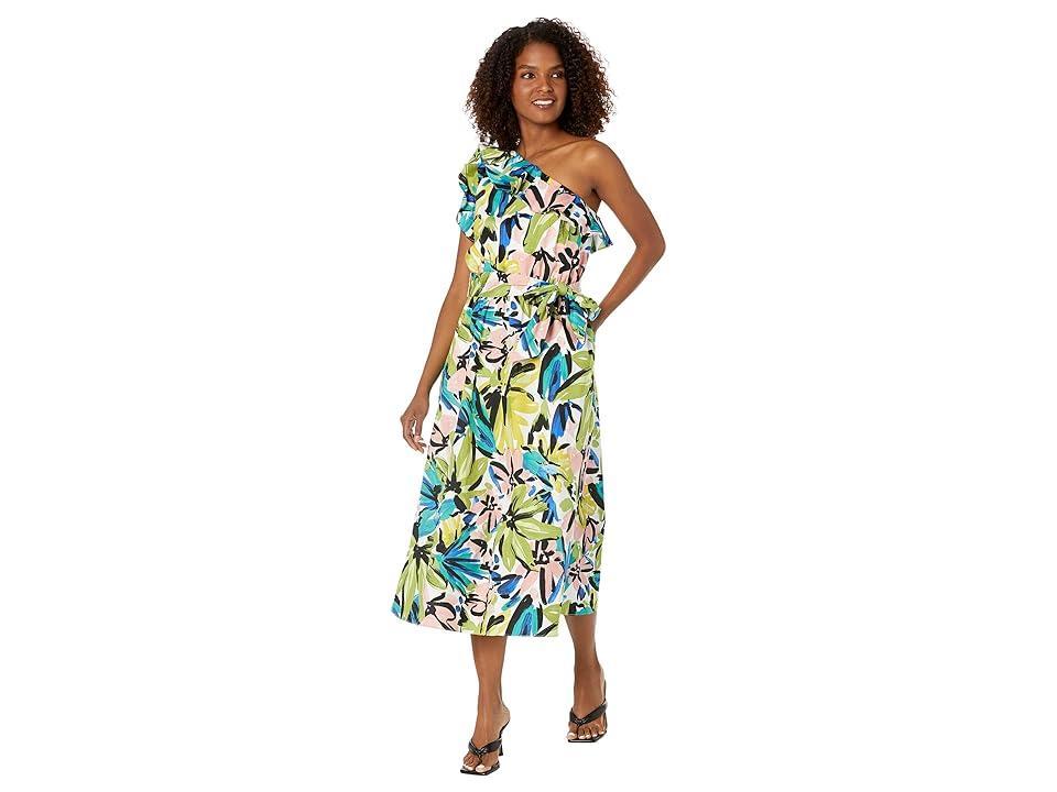 Donna Morgan One Shoulder Midi with Ruffle (Soft White/Olive Green) Women's Clothing Product Image