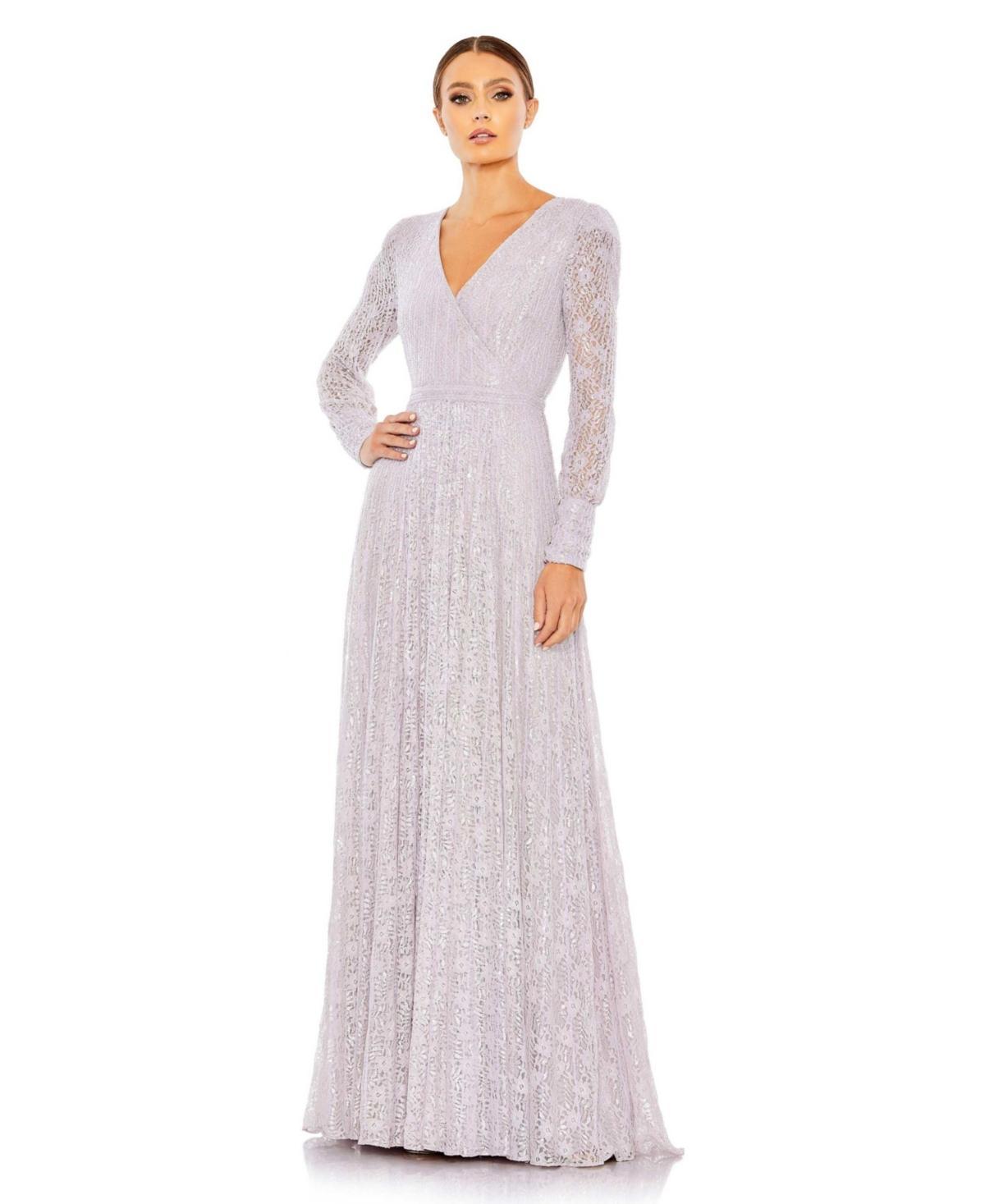 Womens Beaded Lace Long Sleeve Wrap Over Gown Product Image