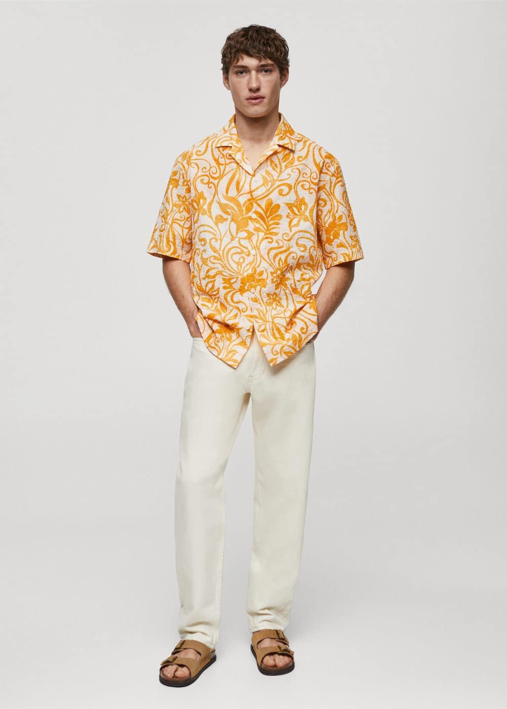 MANGO MAN - Printed texture cotton shirt yellowMen Product Image