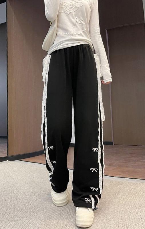 Elastic Waist Bow Embroidered Lace Panel Loose Fit Sweatpants (Various Designs) Product Image