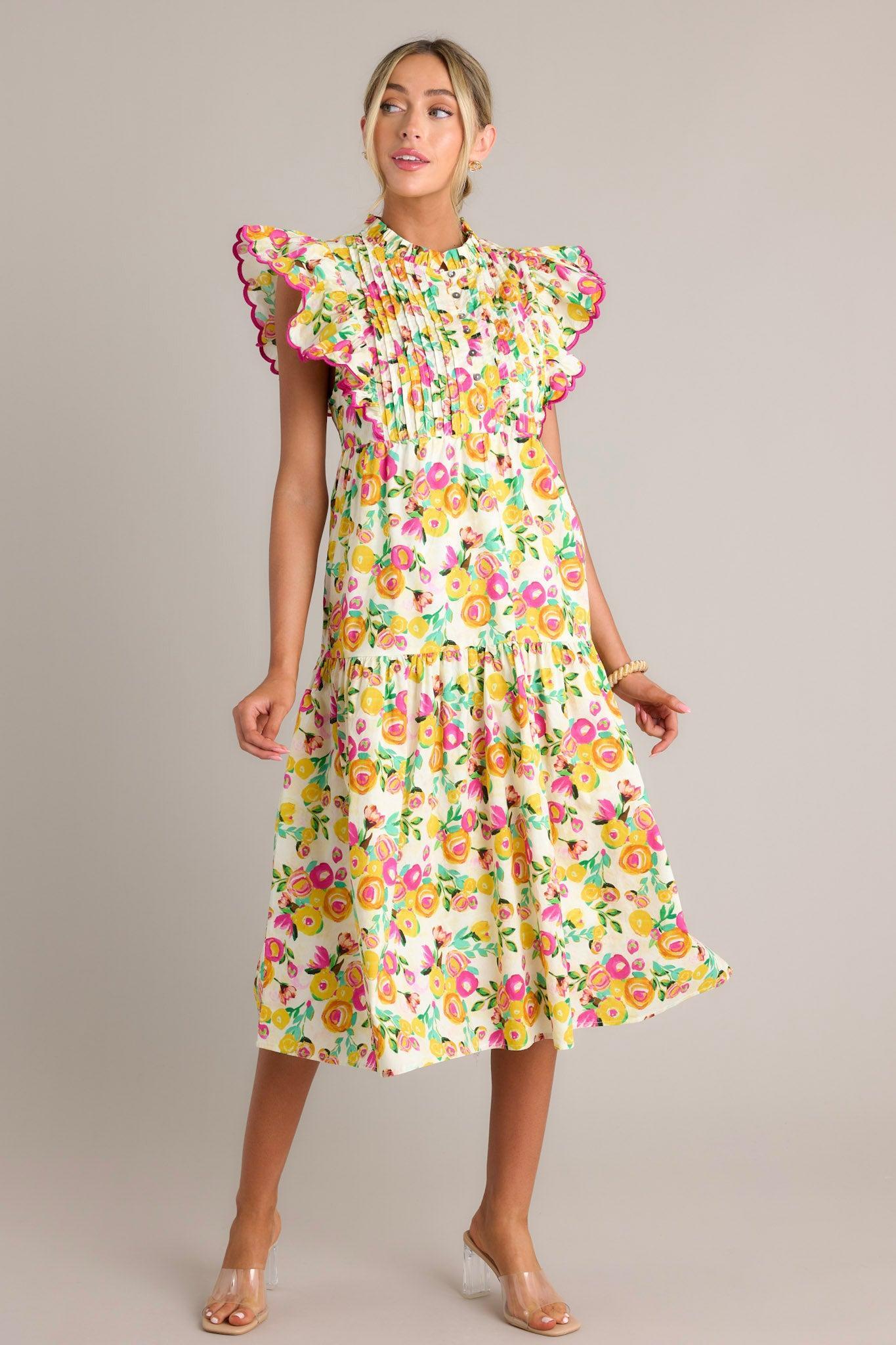 Blossoming Love 100% Cotton Yellow Floral Midi Dress Product Image