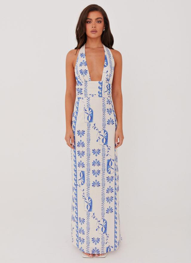 Sky Linen Maxi Dress - Floral Wave Product Image