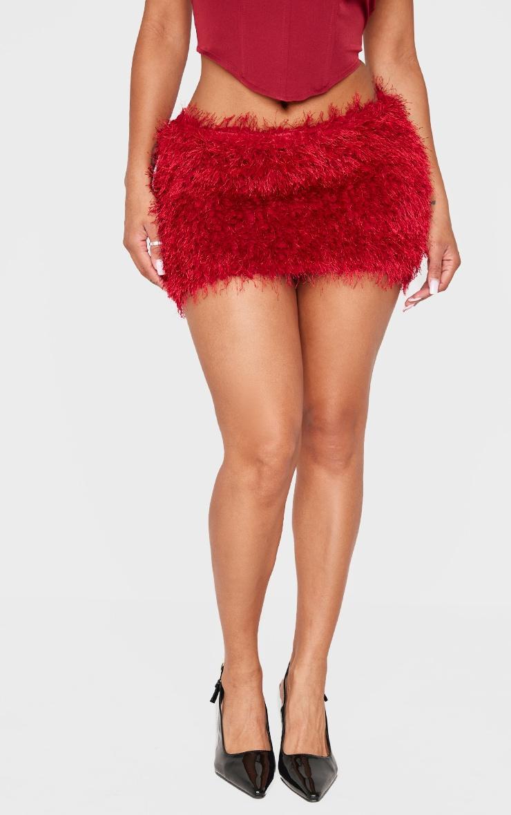 Shape Burgundy Low Rise Faux Feather Tassel Mini Skirt Product Image