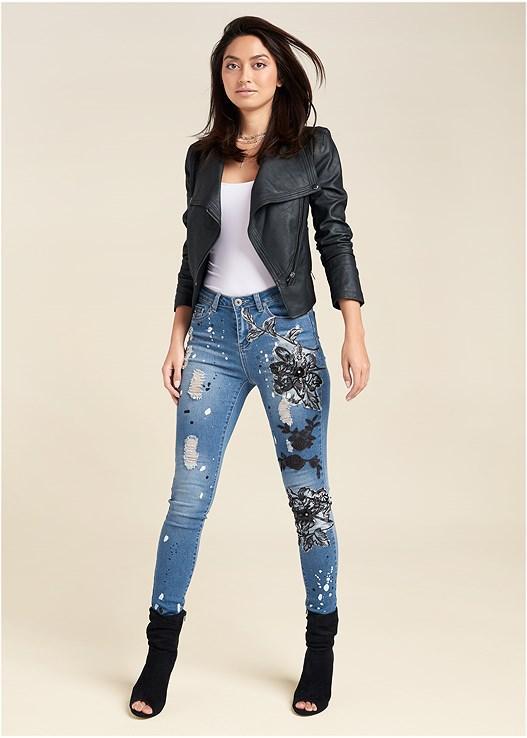 Floral Applique Skinny Jeans Product Image