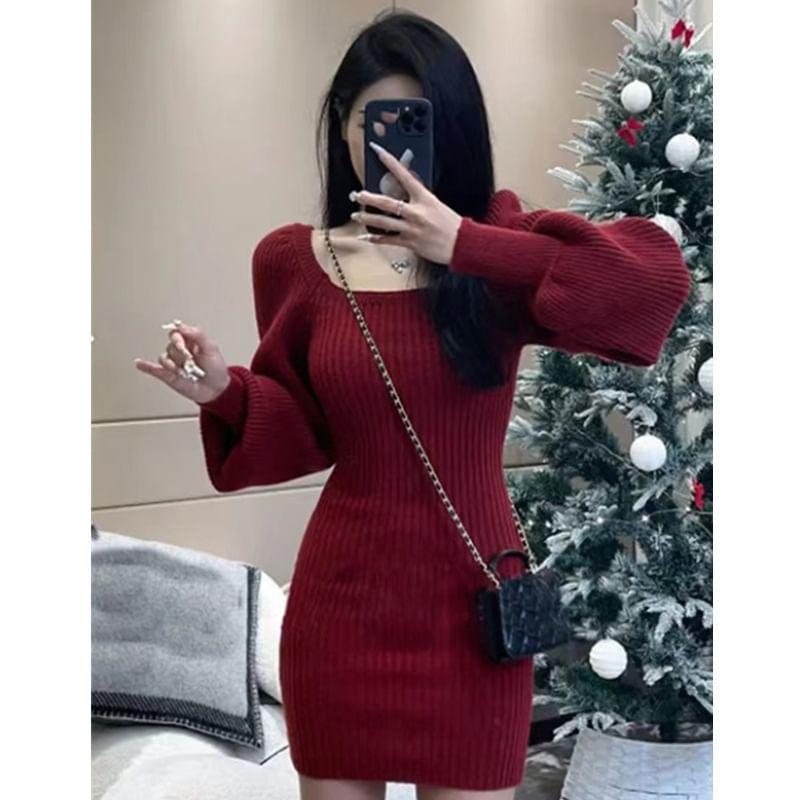 Puff-Sleeve Square Neck Plain Ribbed Knit Mini Sheath Dress Product Image