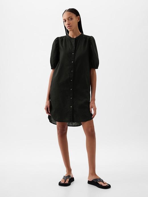 Linen-Cotton Puff-Sleeve Mini Shirtdress Product Image