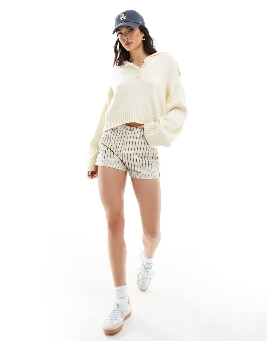 ASOS DESIGN sweater with button collar in cream Product Image