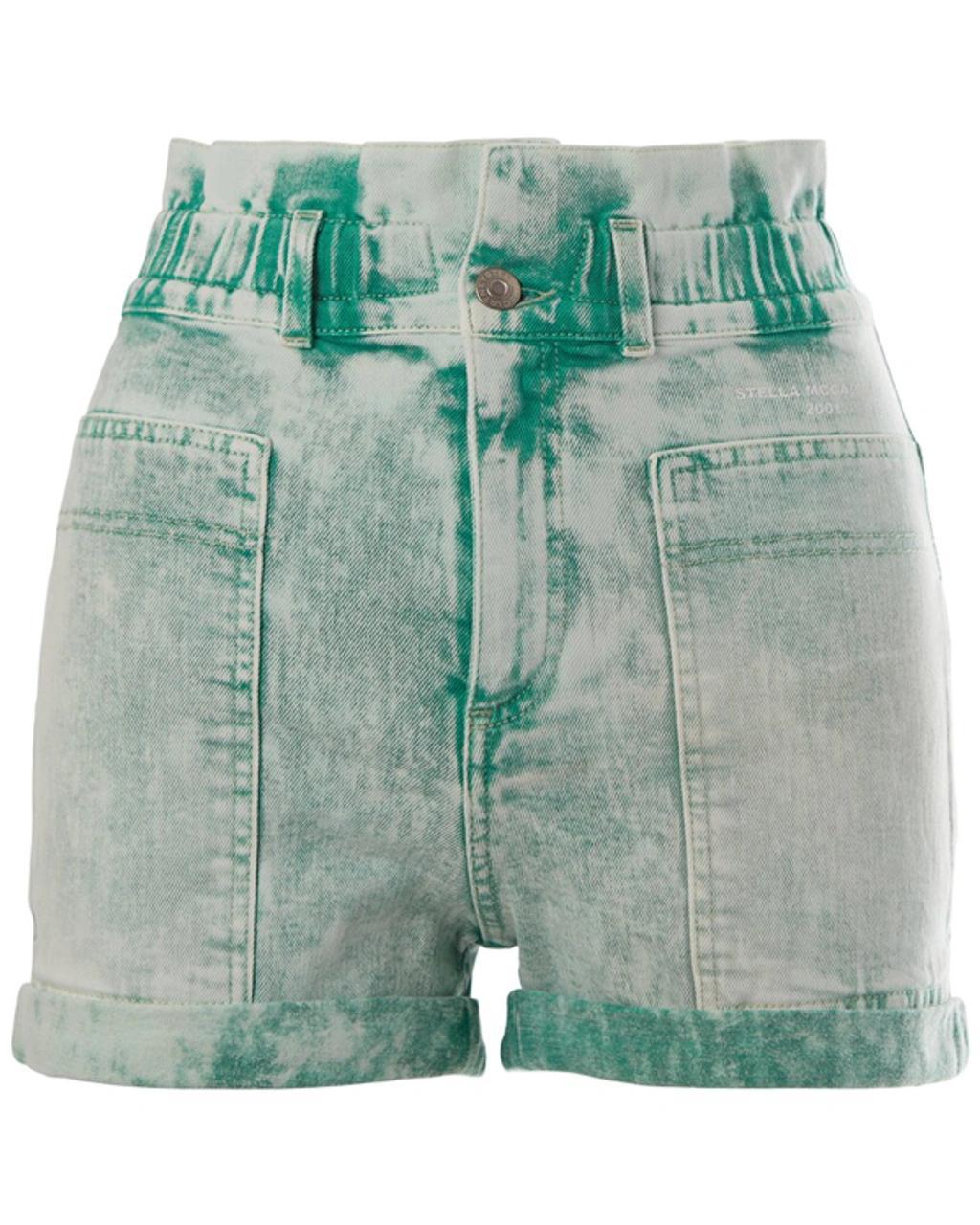 Acid-wash Embroidered Denim Shorts In Green product image