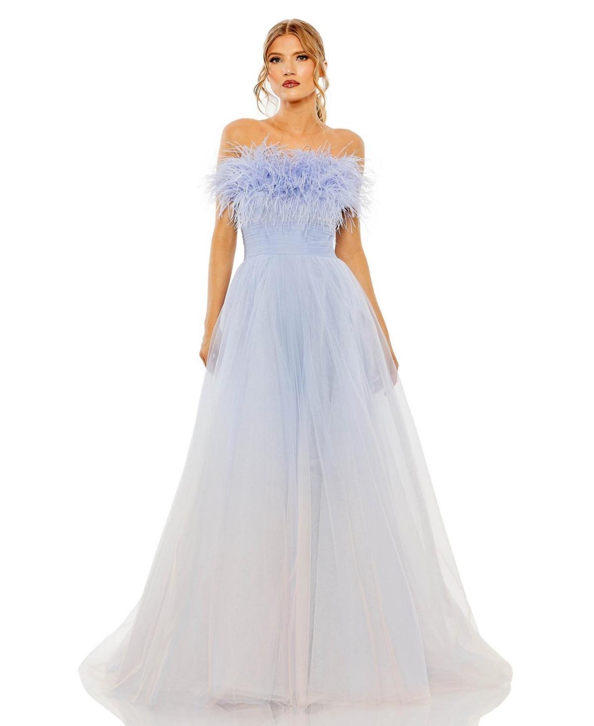 Womens Strapless Feather & Tulle Gown Product Image