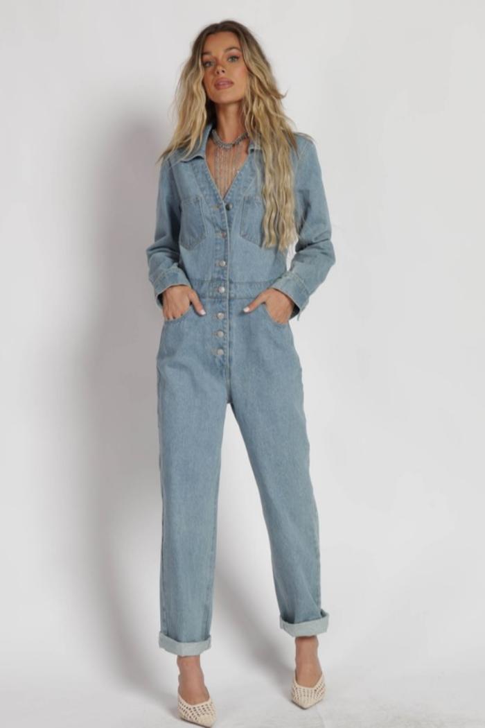 Button Down Denim Jumpsuit Product Image