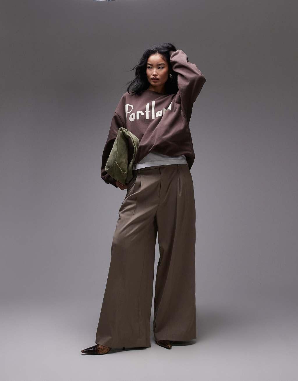 Topshop graphic Portland oversized sweatshirt in brown Product Image